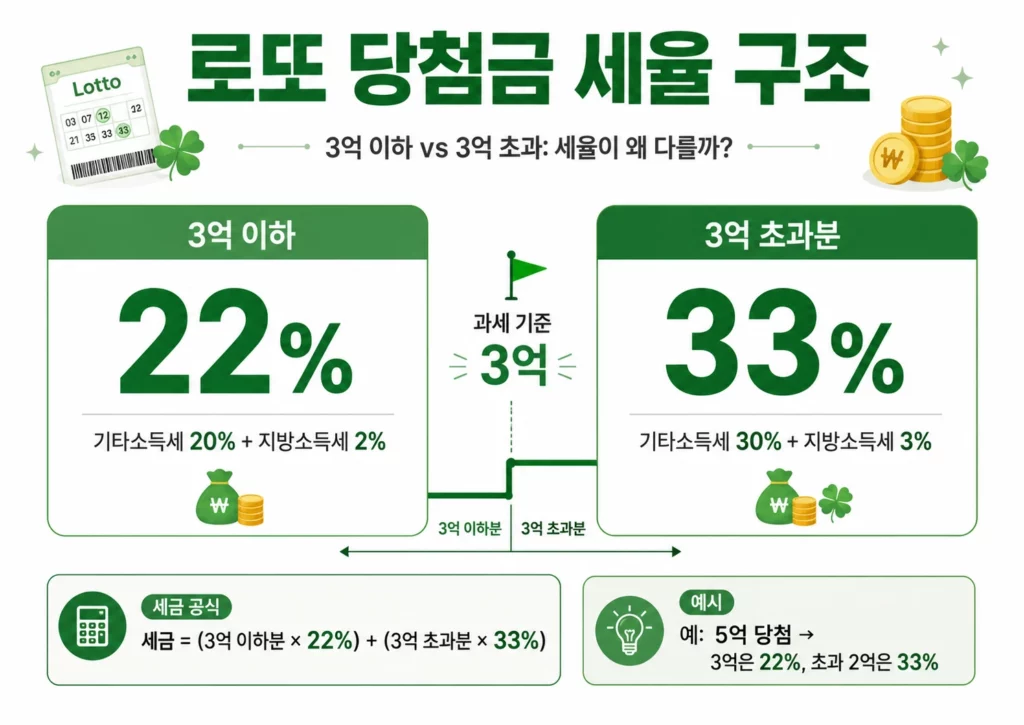 로또 당첨금 세율 구조 인포그래픽 – 3억 이하 22% vs 3억 초과 33% 비교