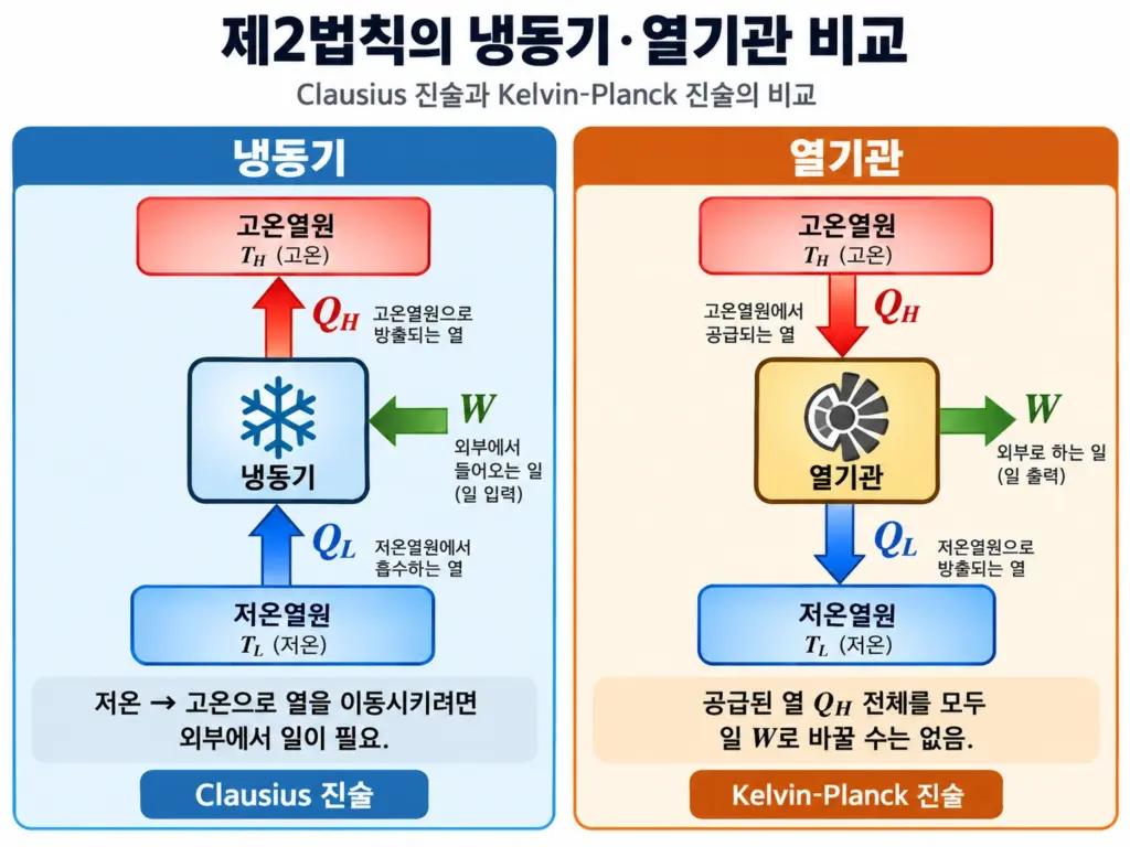 Clausius 진술의 냉동기와 Kelvin-Planck 진술의 열기관을 비교하여 열역학 제2법칙을 설명한 그림