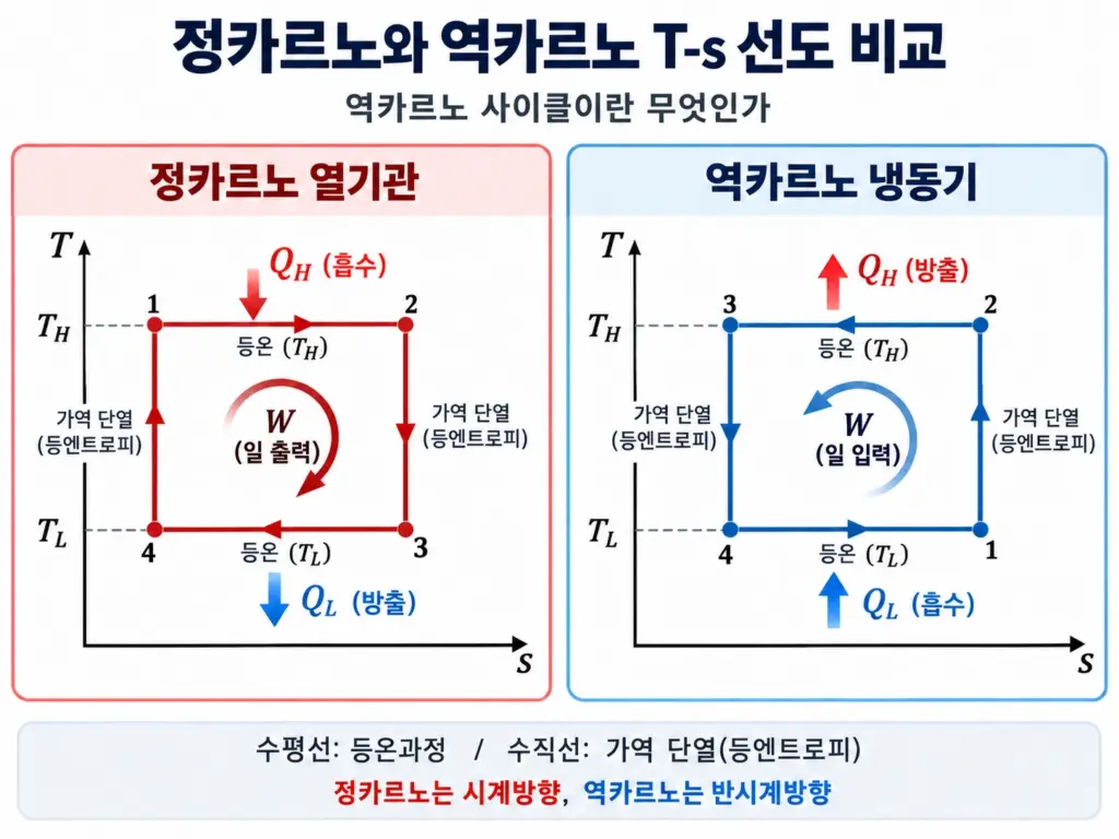 T-s 선도에서 정카르노 열기관과 역카르노 냉동사이클의 등온과정 및 등엔트로피 과정을 비교한 그림
