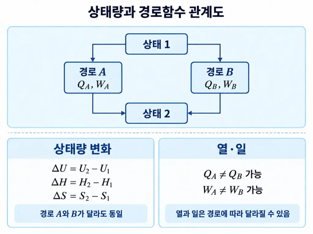 같은 초기 상태와 최종 상태라도 경로에 따라 열과 일은 달라질 수 있지만 상태량 변화는 동일함을 보여주는 개념도