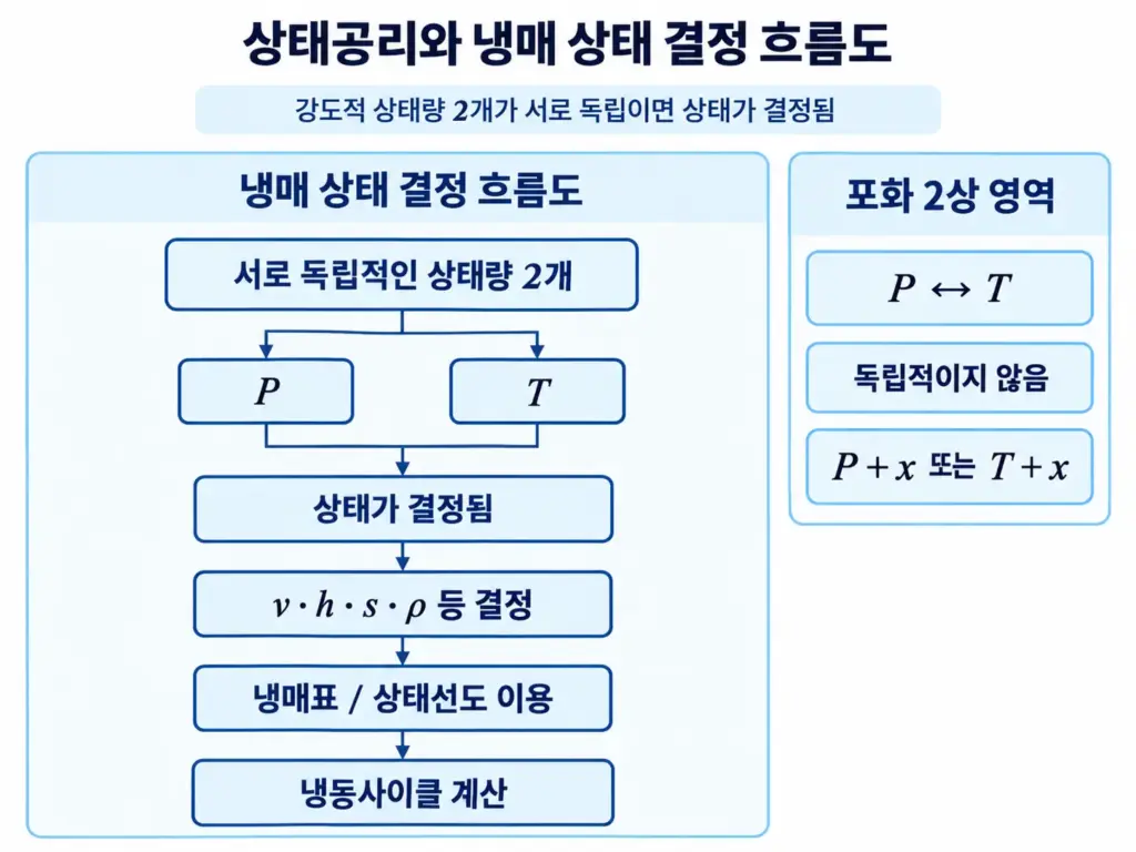 독립적인 두 강도적 상태량으로 물질의 상태를 결정하고 냉매표와 상태선도에서 다른 상태량을 구하는 과정을 나타낸 그림