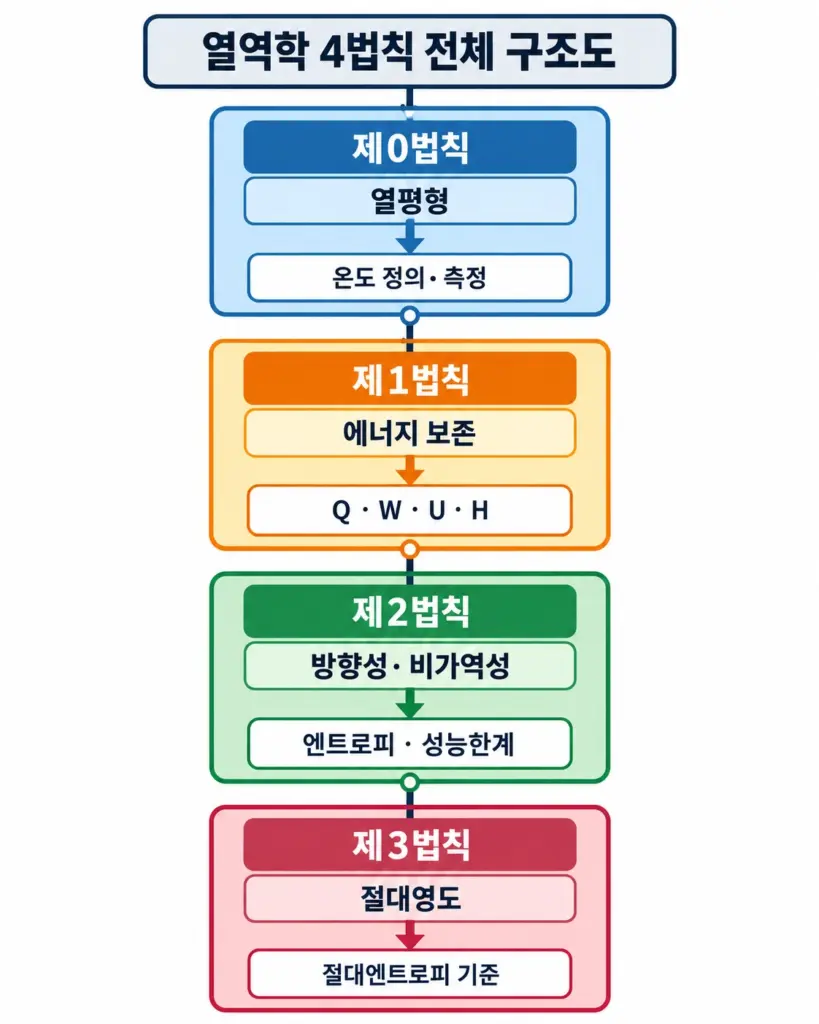 열역학 제0법칙의 열평형, 제1법칙의 에너지 보존, 제2법칙의 엔트로피와 방향성, 제3법칙의 절대영도를 연결한 개념도
