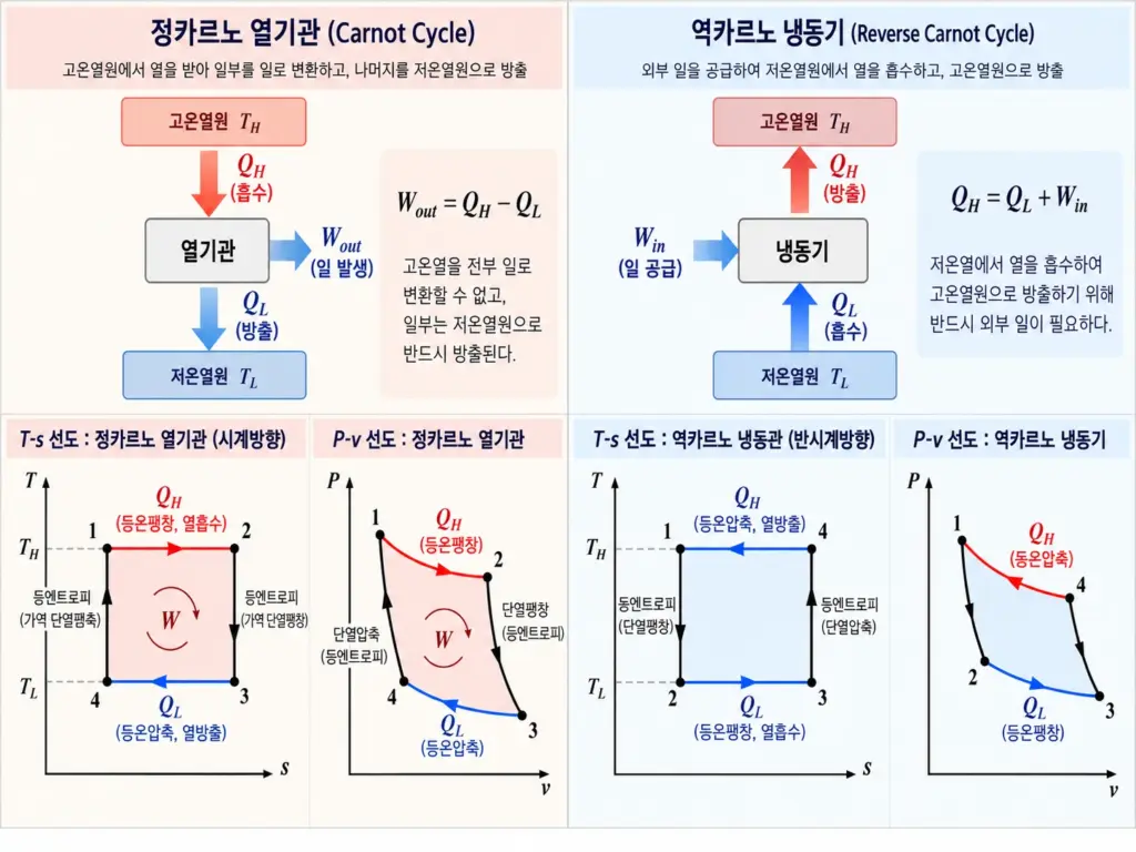 카르노와 역카르노 사이클의 에너지 흐름 이미지