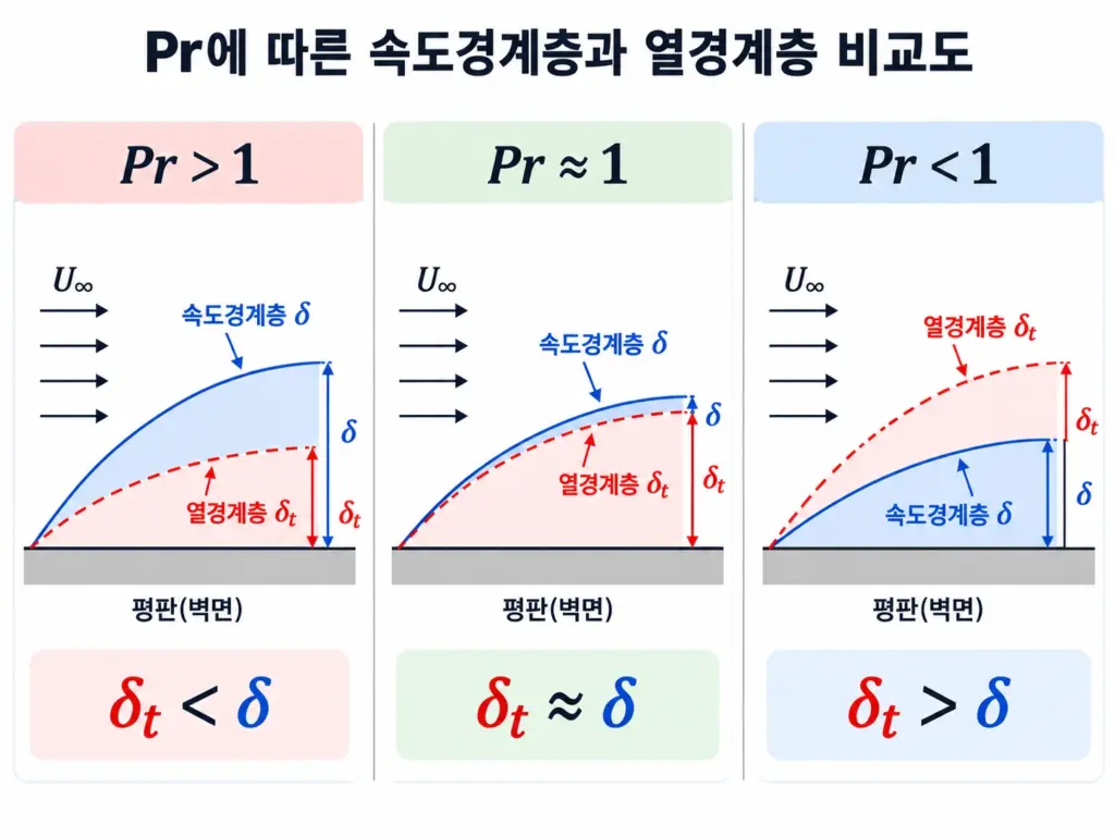 프란틀수 Pr이 1보다 크거나 작을 때 속도경계층과 열경계층의 상대적인 두께 비교