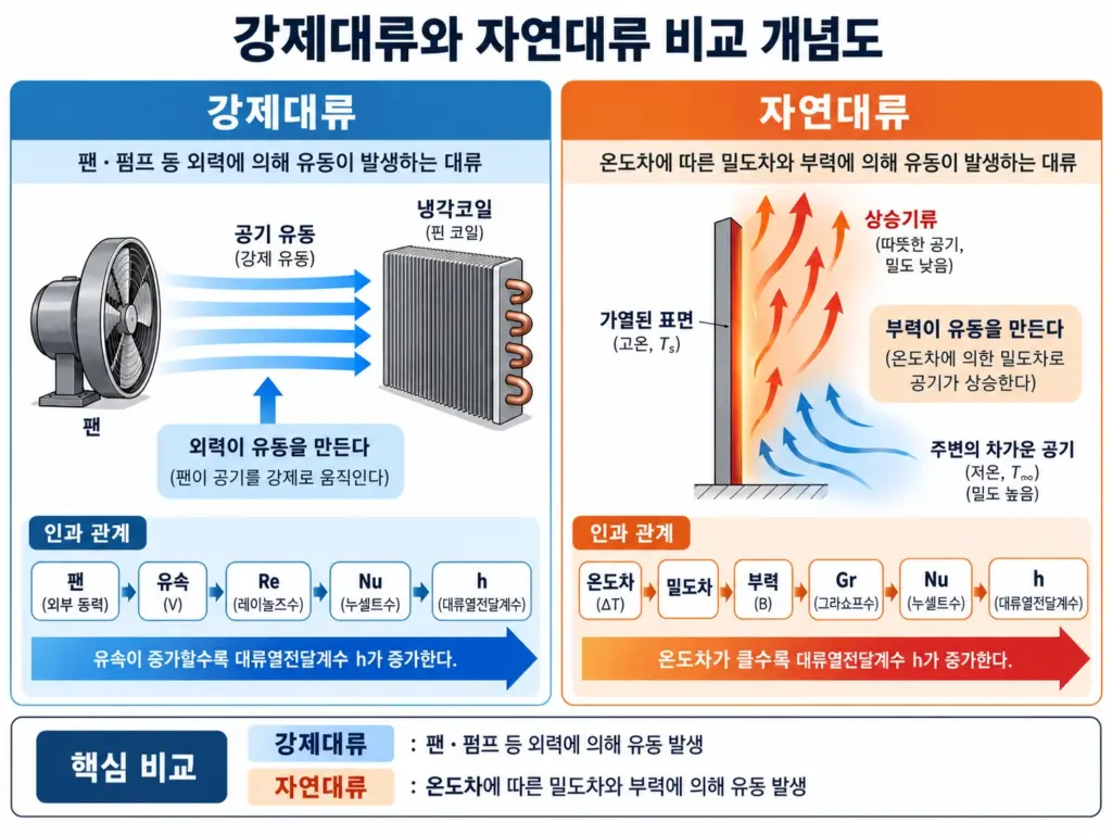팬이나 펌프에 의한 강제대류와 밀도차 및 부력에 의한 자연대류의 발생원리 비교