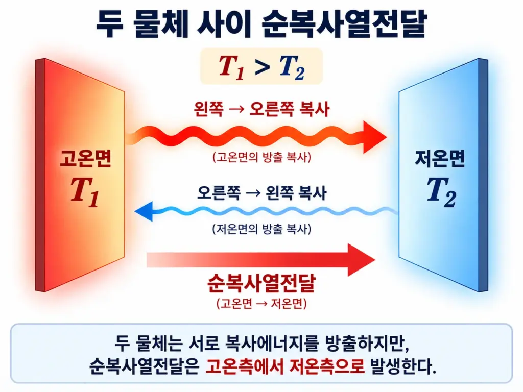 두 물체가 서로 복사에너지를 방출하지만 순복사열전달은 고온측에서 저온측으로 발생하는 원리