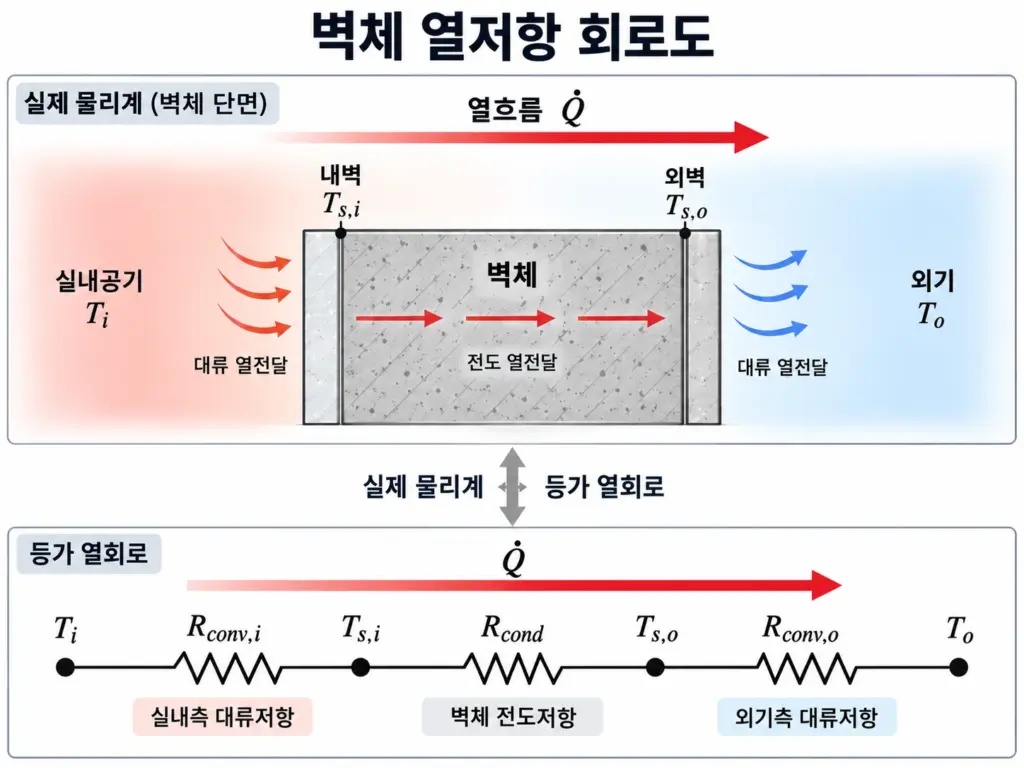 실내공기 대류저항, 벽체 전도저항, 외기 대류저항을 직렬 열회로로 표현한 열저항 개념도