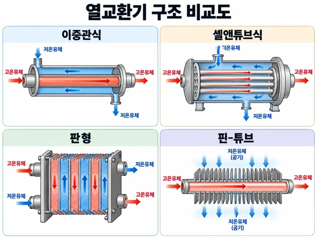 공조냉동에 사용되는 이중관식·셸앤튜브식·판형·핀튜브 열교환기의 구조 비교