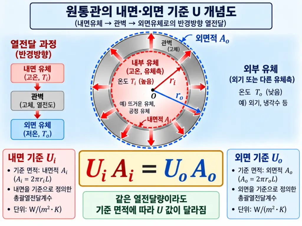 원통관의 내부면적과 외부면적 차이에 따른 내면 기준 Ui와 외면 기준 Uo