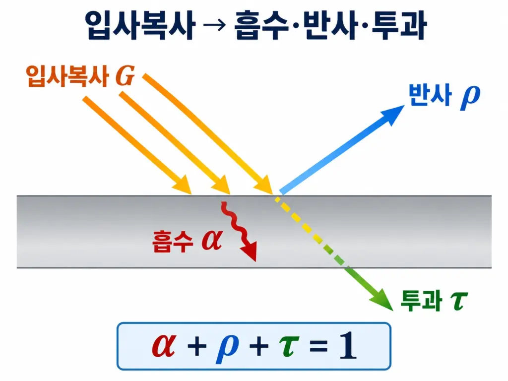 표면에 입사한 복사에너지가 흡수율·반사율·투과율로 분배되는 과정
